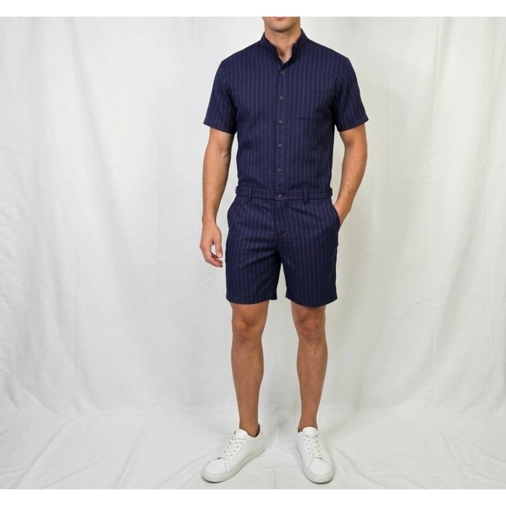 RomperJack Pinstripe Romper Mens Large Navy Blue Pink New Short Sleeve Button Up
